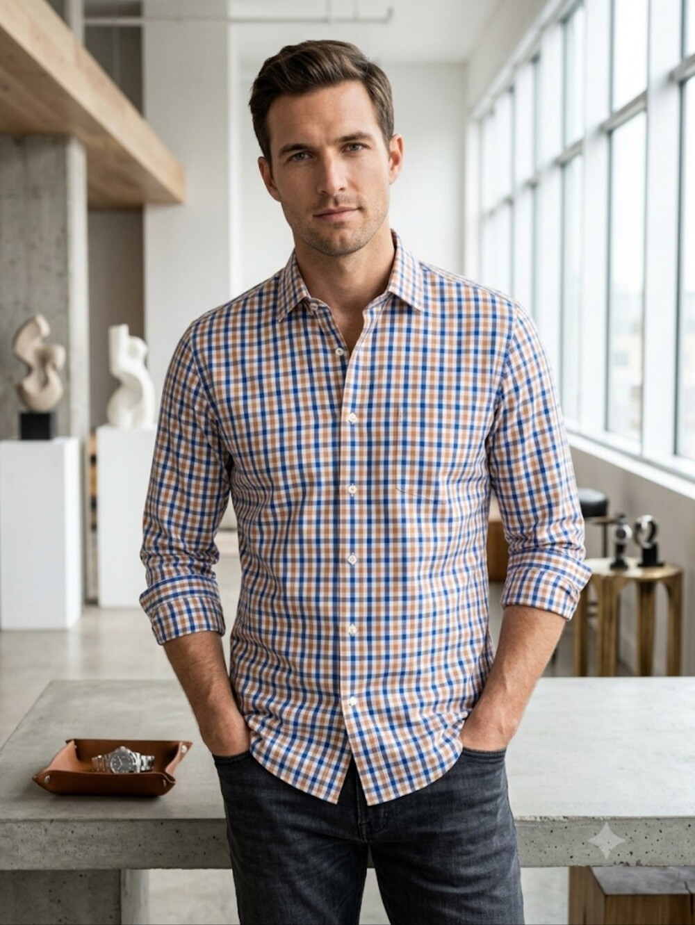 Banana Republic Non-Iron Classic Fit Orange Blue Plaid 100% Cotton Button Down L